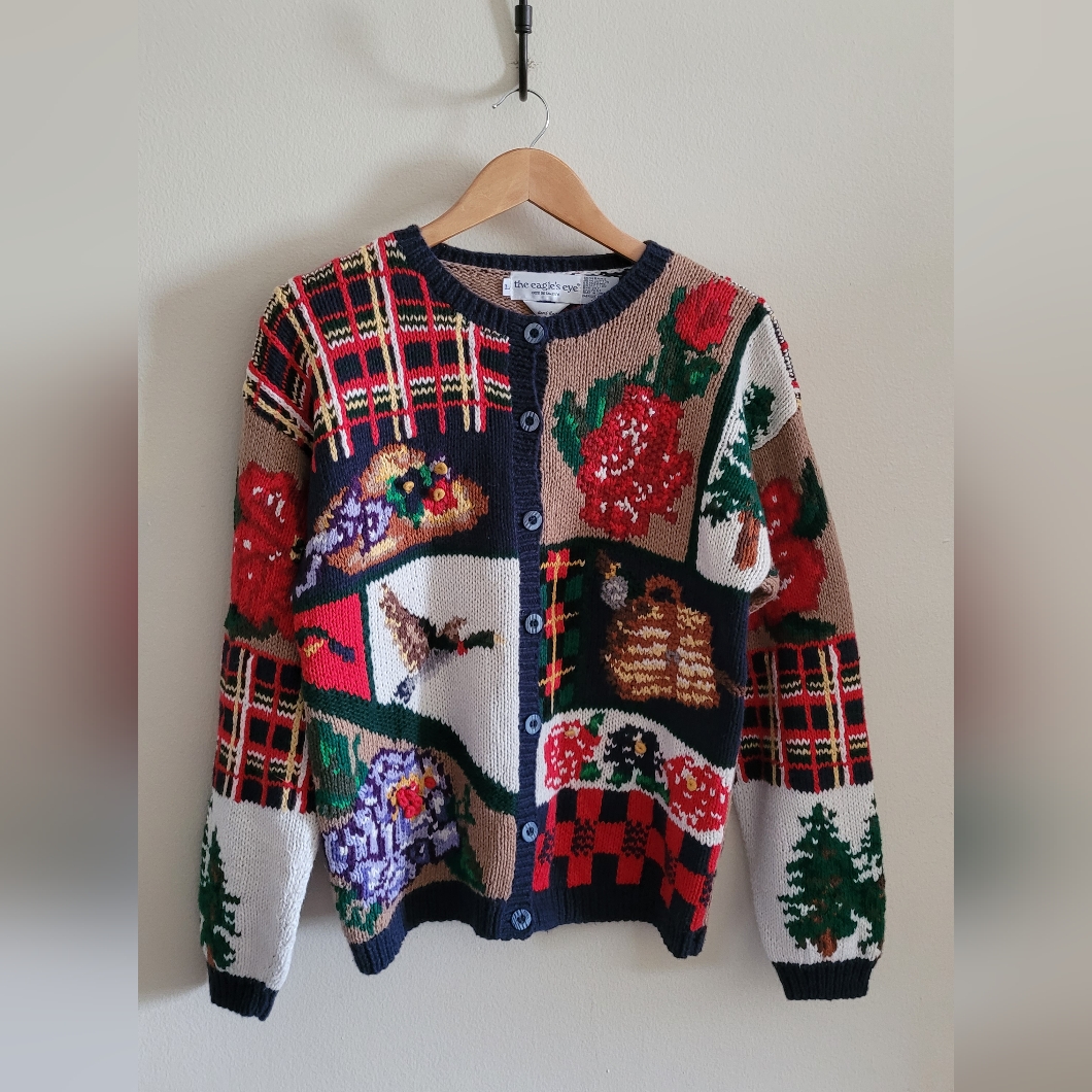 Vtg The Eagle's Eye Hearty Embroidered Heavy Knit Cardigan Sweater, Women's L